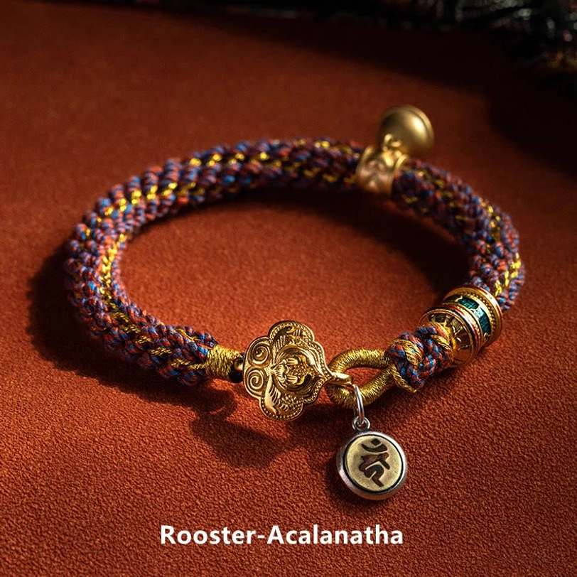 Rooster zodiac Acalanatha Buddha bracelet with silver charm and protective red braided cord