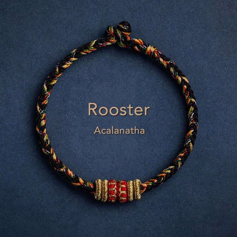 Rooster zodiac Acalanatha natal Buddha bracelet with protective braided cord design