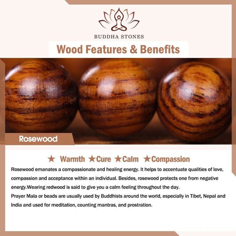 Rosewood healing properties and benefits information card with bead samples