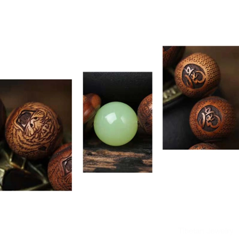 Macro close-up shots of rosewood tiger bracelet beads showcasing detailed tiger engravings carved patterns and luminous green accent bead