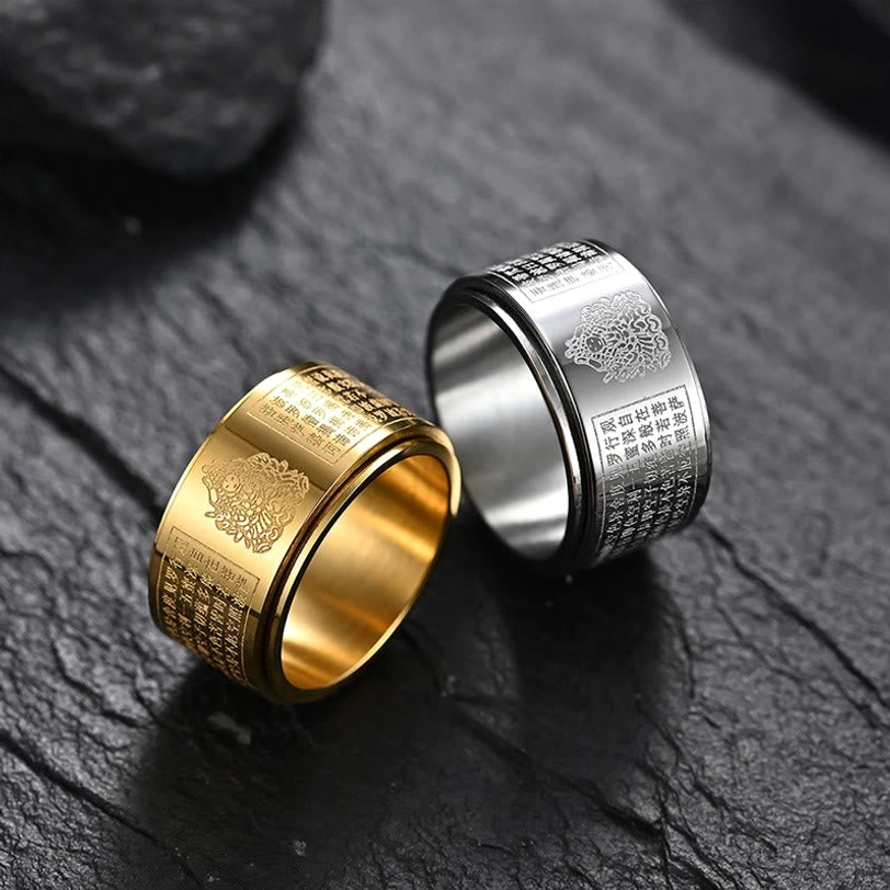 Rotating zodiac natal Buddha ring with dual bodhisattva engravings and bioactive titanium steel