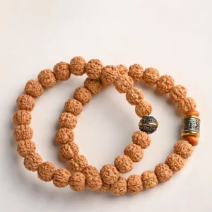 Pair of authentic Rudraksha Bodhi seed bracelets with Tibetan silver accents displayed on white studio background