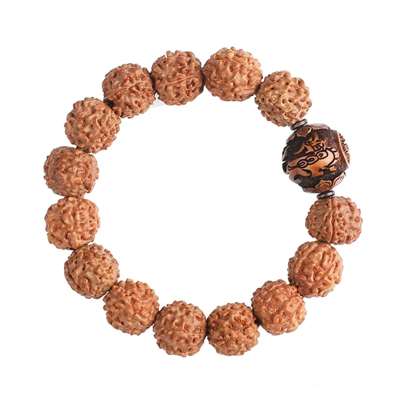 Rudraksha Pixiu Tibetan Buddhist bracelet with copper coin and sacred beads, spiritual symbolism detail