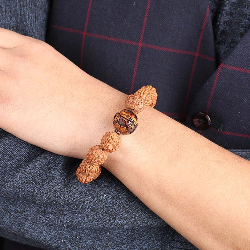 Rudraksha Pixiu bracelet styled on wrist, showing how to wear Tibetan Buddhist prosperity protection jewelry