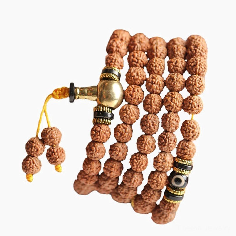 Sacred mala bracelet with bodhi seeds and dzi protective amulets - authentic handmade Buddhist prayer beads