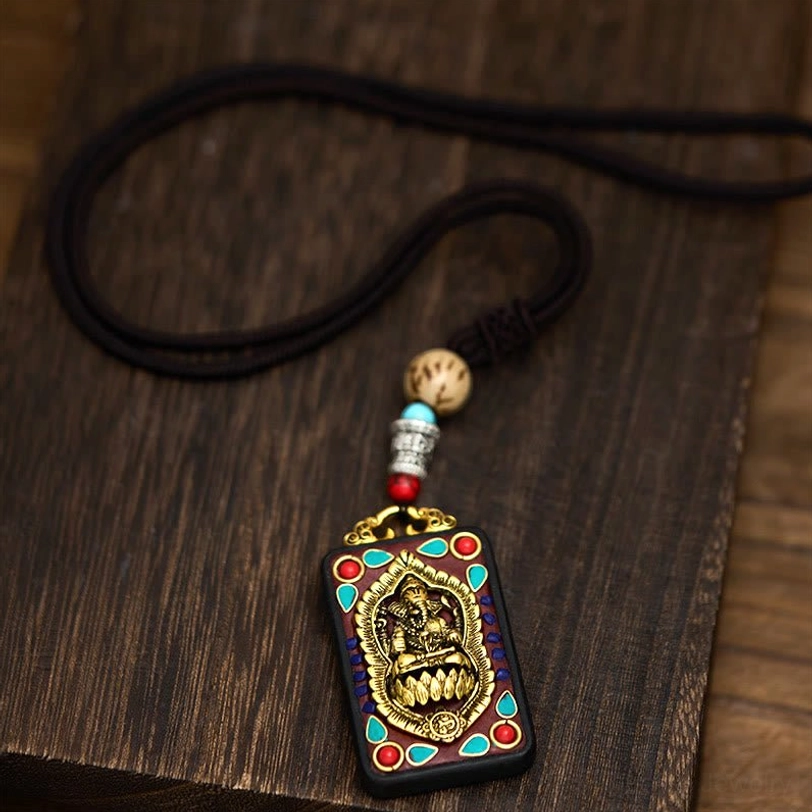 Sacred Ganesha Tibetan ebony wood wisdom necklace with intricate metal work