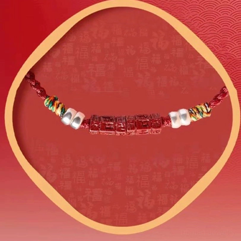 Sacred Tibetan blessing bracelet with natural cinnabar and sterling silver spiritual protection