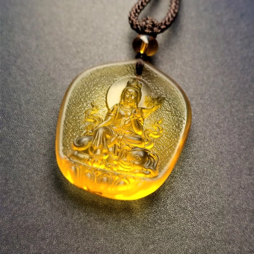 Dragon or Snake Samantabhadra Bodhisattva Liuli crystal pendant necklace depicting Buddha on elephant with translucent amber material