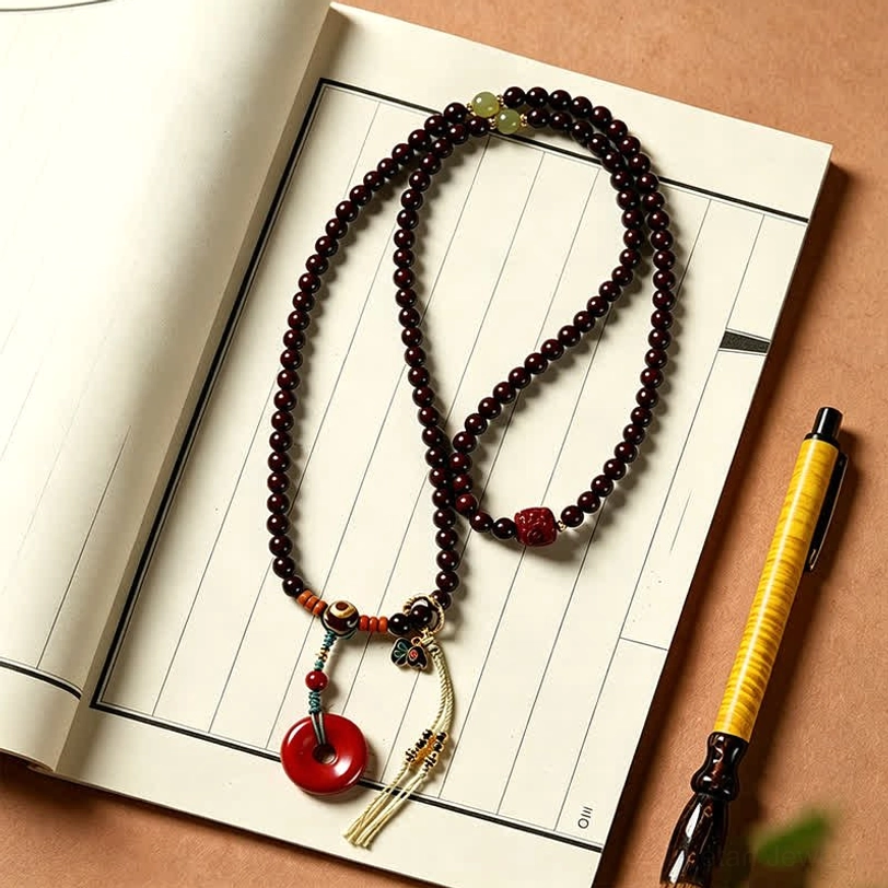 Hand-woven sandalwood mala with peace buckle pendant displayed on open notebook with wooden pen accent