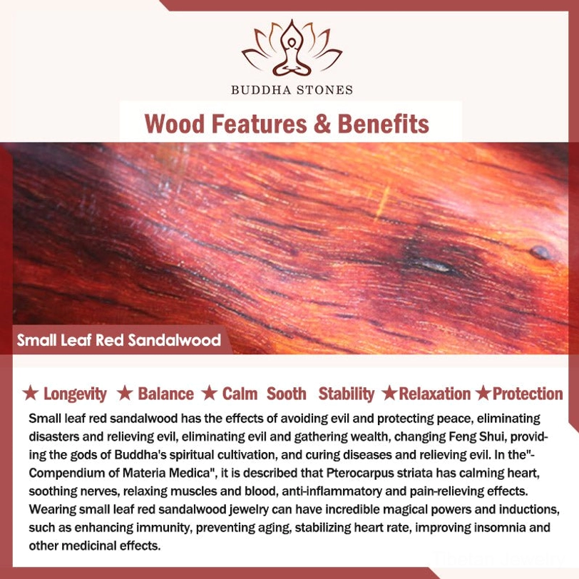 Small leaf red sandalwood benefits infographic poster, showing wood grain image and traditional wellness properties with Buddha Stones brand logo