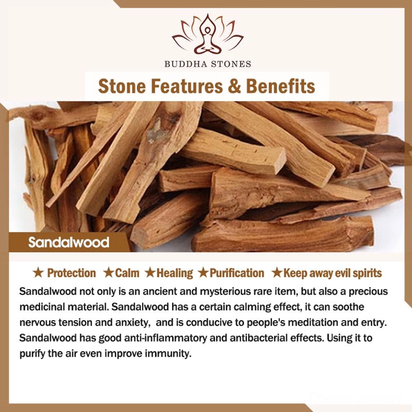 Sandalwood wood benefits infographic showing protective and healing properties