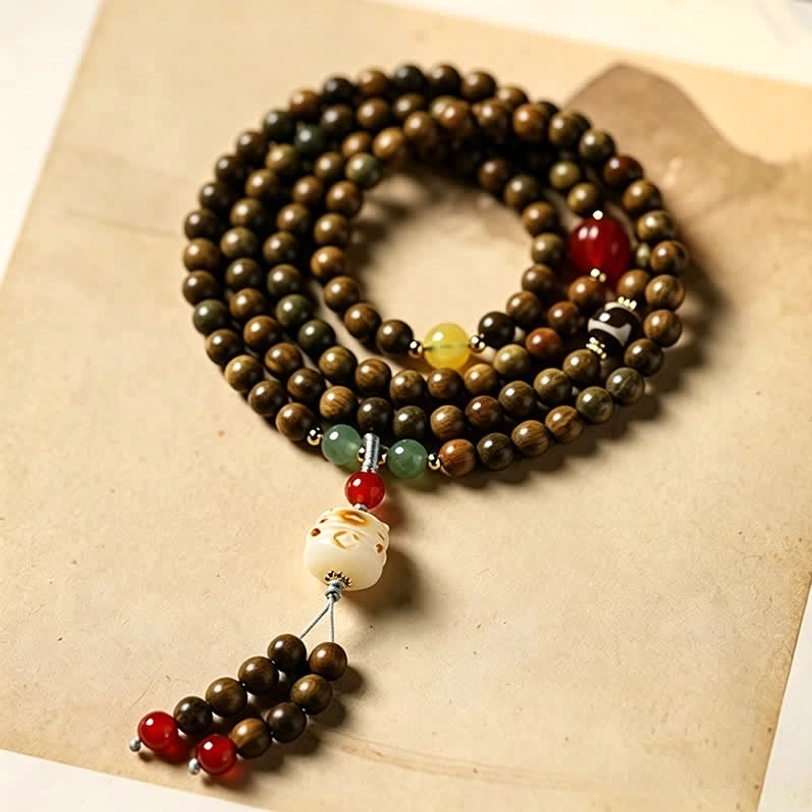 Dark brown sandalwood mala bracelet featuring dzi bead and yellow gemstone accents with cat tassel pendant on vintage kraft paper
