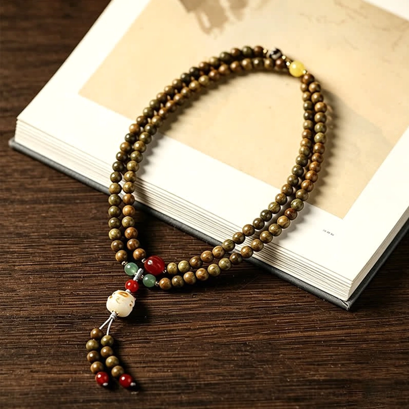 Brown sandalwood multi-strand mala necklace with red accent beads and cat charm pendant, displayed on hardcover book