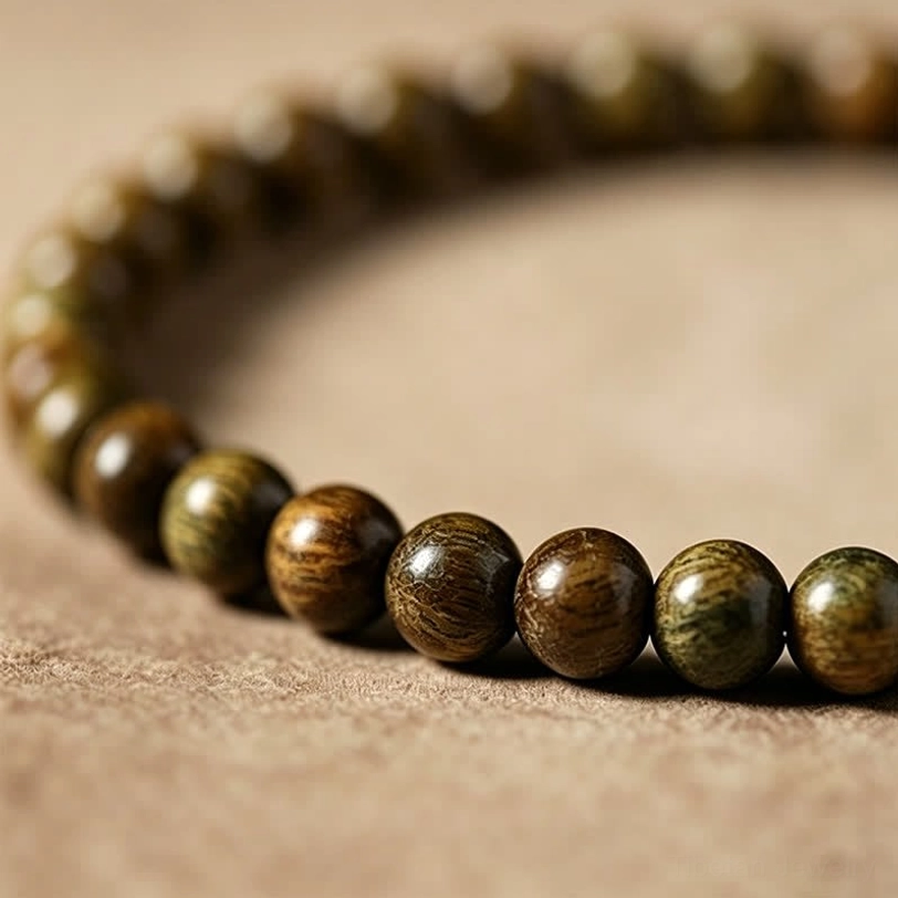 Sandalwood mala bracelet showing premium elastic string and hand-woven construction with cat charm accent