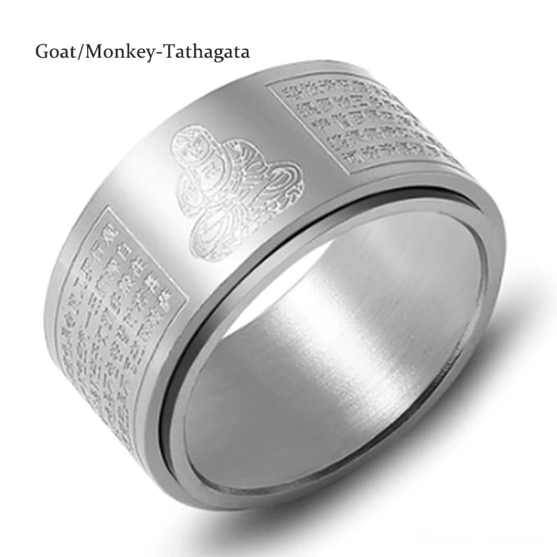 Silver Goat Monkey zodiac Tathagata natal Buddha spinning ring with Heart Sutra engraving