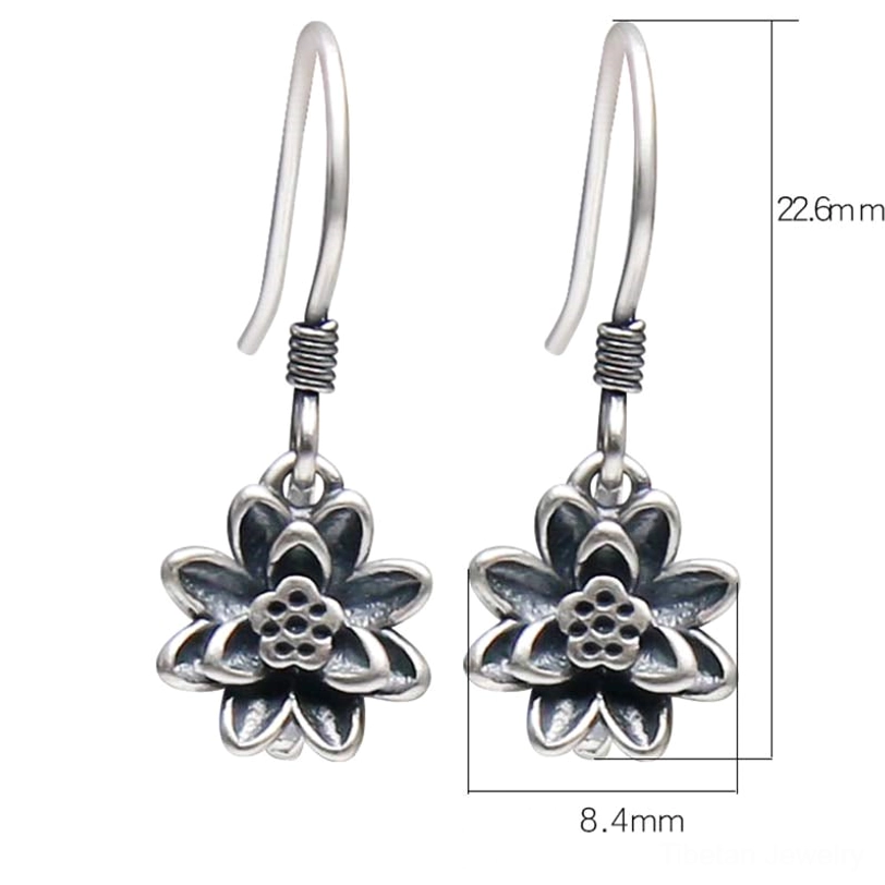 Lotus drop earrings close-up front view showing both front and side angles of vintage sterling silver pendant