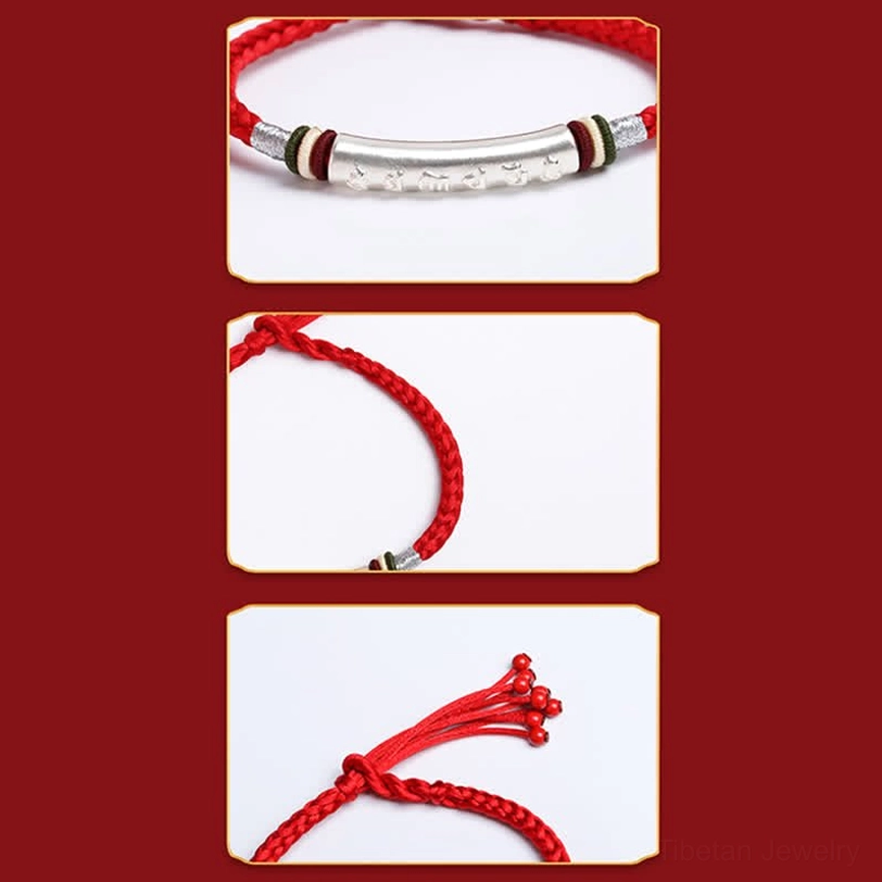 Detailed breakdown view of Om Mani Padme Hum bracelet components showing silver tube rope and closure