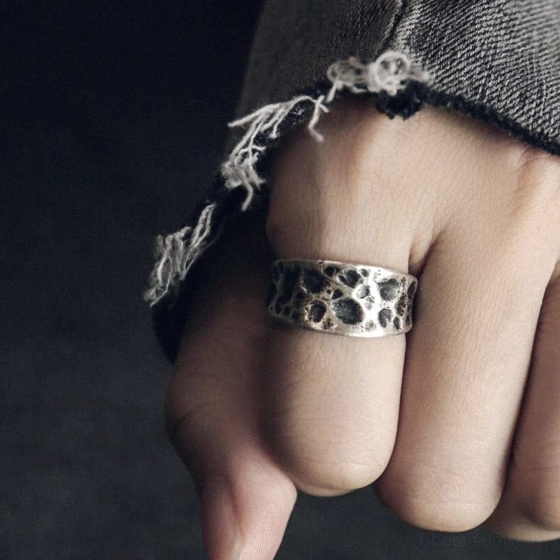 Oxidized sterling silver protection ring worn on hand middle finger daily wear styling