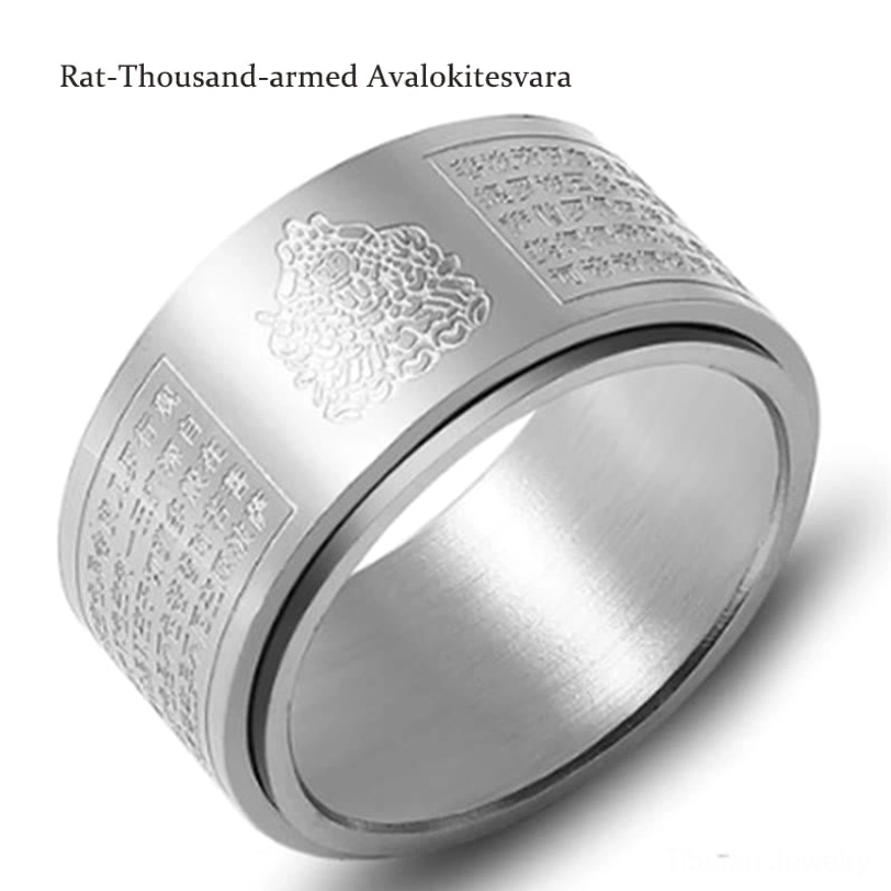 Silver Rat zodiac Thousand-armed Avalokitesvara natal Buddha ring with Heart Sutra protection
