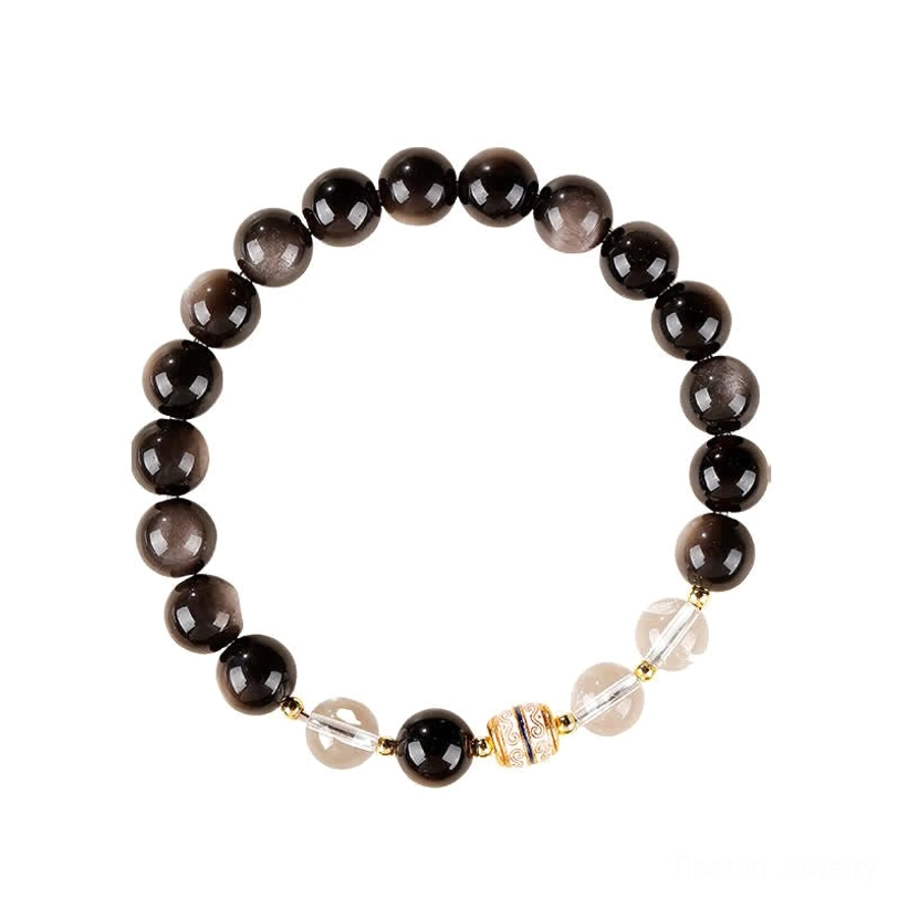 Silver Sheen Obsidian Nine-Eye Dzi Bead Protection Bracelet complete product showcase