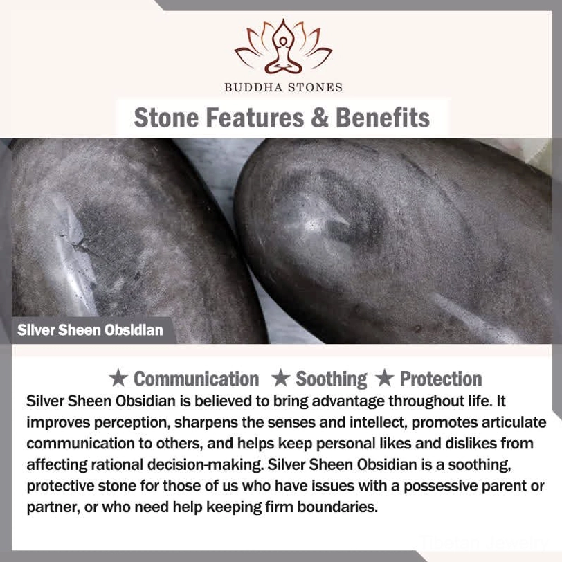 Silver Sheen Obsidian stone properties card highlighting protective, soothing, and communication benefits - Buddha Stones official guide