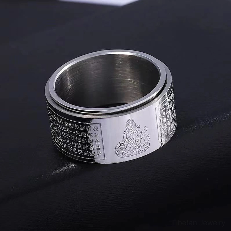 Silver zodiac natal Buddha protection ring with celestial guardian bodhisattva engraving