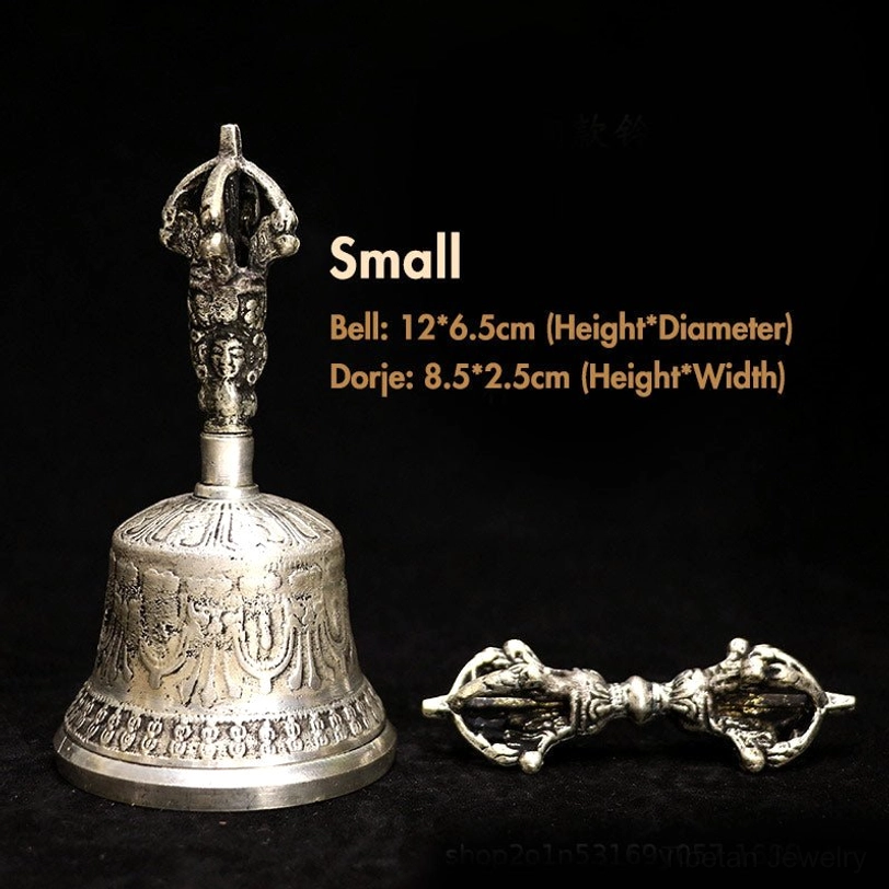 Small size Tibetan bell and dorje set on black studio background, bell 12x6.5cm dorje 8.5x2.5cm, showing complete handcrafted copper ritual instrument