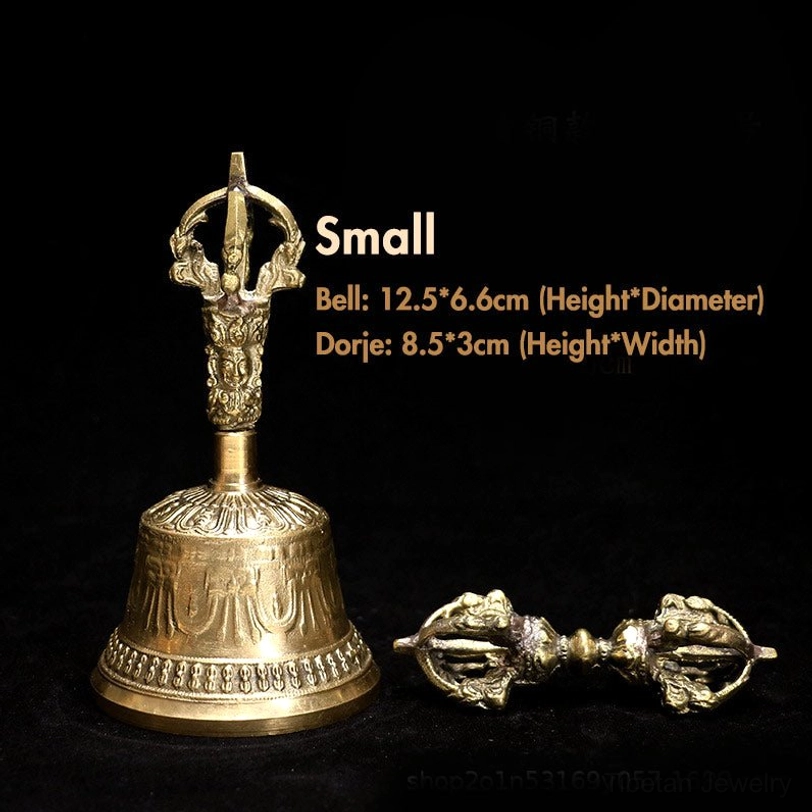 Small Tibetan bell and dorje ritual set shown in scaled perspective with ruler reference, dimensions 12cm x 6.5cm bell 8.5cm x 2.5cm dorje