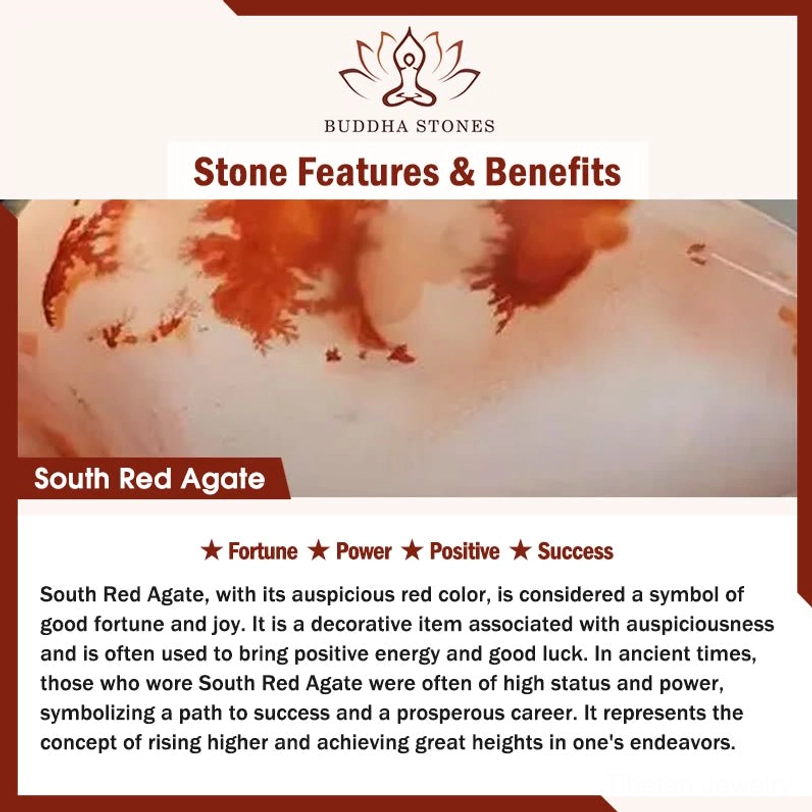 South Red Agate Gemstone Properties - Fortune, Luck, Prosperity and Success Benefits Infographic with Agate Texture Sample