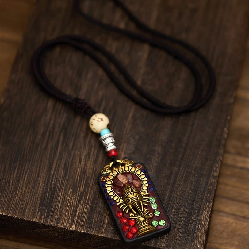 Spiritual protection necklace Ganesha elephant god ebony wood meditation pendant