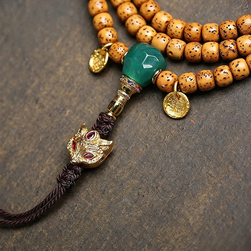 Close-up detail of Star Moon Bodhi prayer mala showing green guru bead with fox charm and gold coin accents on dark wooden background