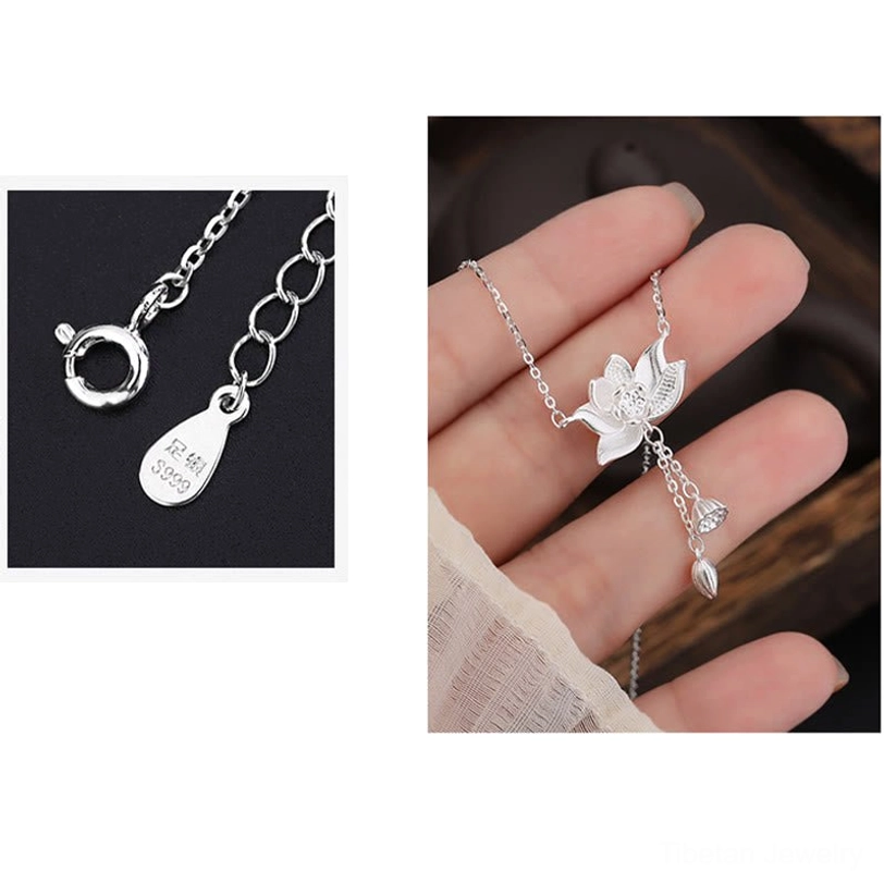 Stamped 999 silver purity mark and spring ring clasp detail of authentic sterling silver lotus necklace