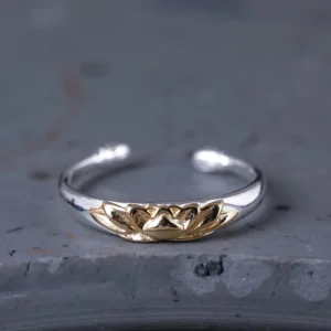 925 sterling silver lotus ring adjustable open cuff with gold embossed design front view on stone