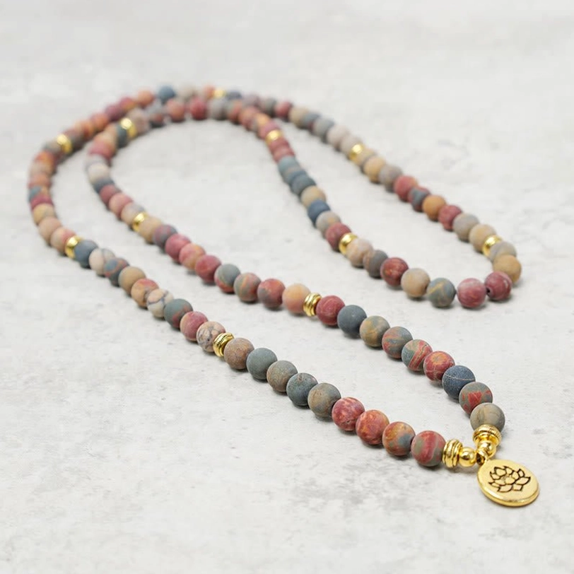 Stone prayer mala necklace 108 beads with gold lotus metal pendant accents