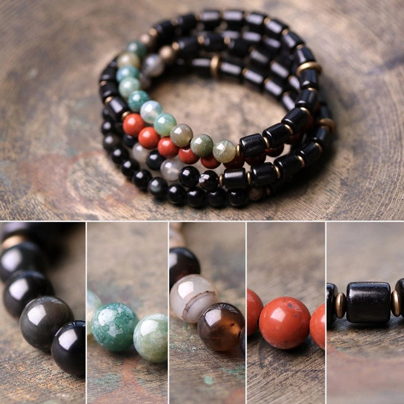 Sustainable ebony wood and natural gemstone bracelet highlighting eco-friendly materials and spiritual intention