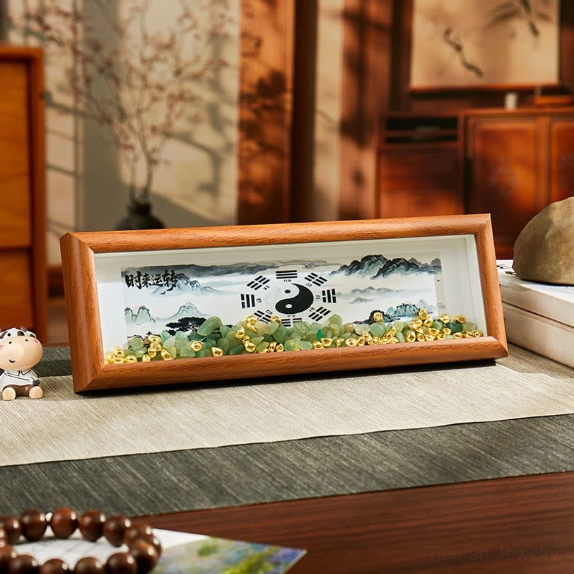 Feng Shui photo frame with wooden frame, landscape, central Tai Chi Bagua symbol and yellow-green gravel decoration