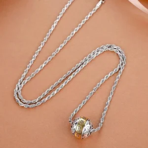 Full-length Taoist mantra necklace with copper amulet pendant and twisted chain, flat lay display