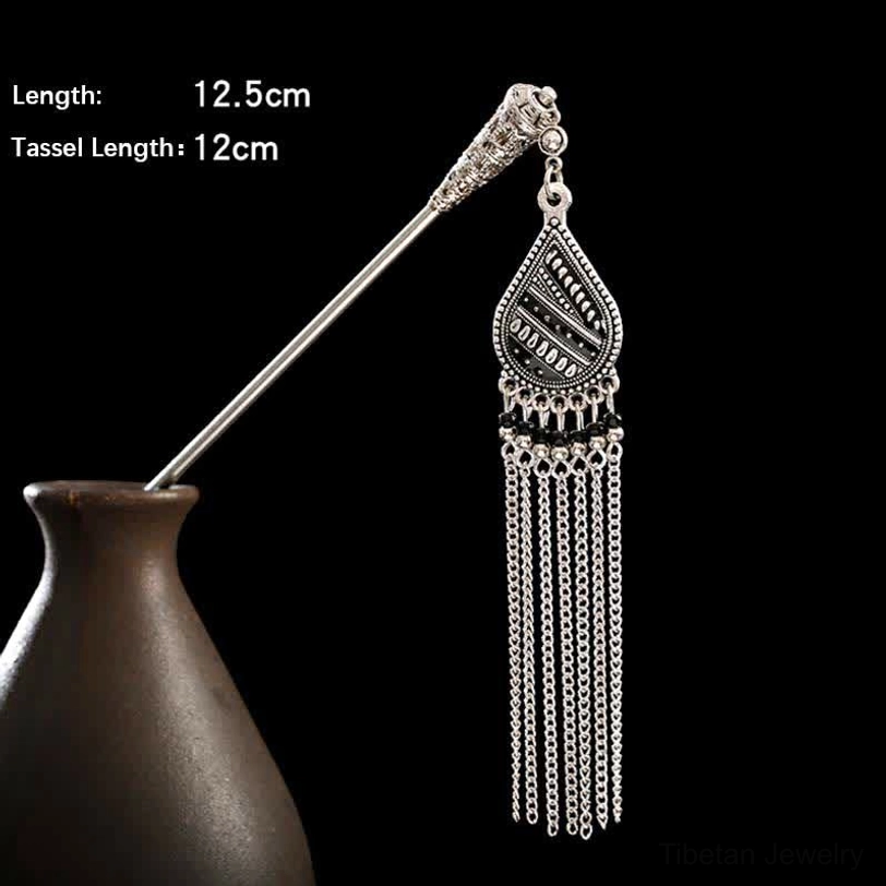 Tassel hairpin front view with silver teardrop pendant showing size reference