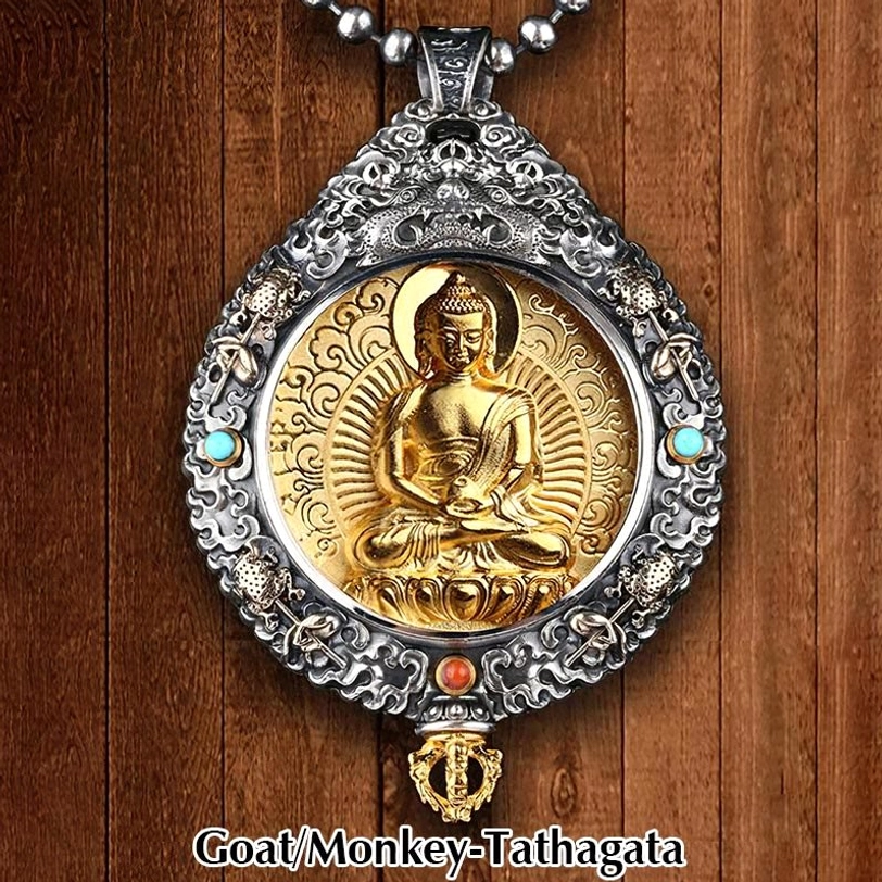 Tathagata Buddha guardian pendant for Goat and Monkey with detailed relief and gemstone inlay