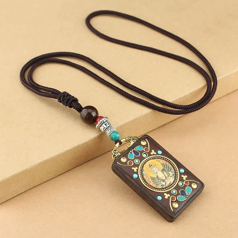 Tathagata Tibetan thangka pendant necklace with buddha motif and colorful traditional inlay design