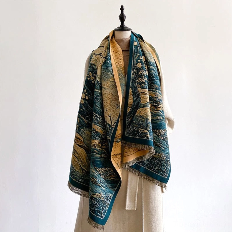 Teal Tibetan landscape wrap shawl draped on dress form, front view showcasing oversized wrap style and hand-fringed hem detail