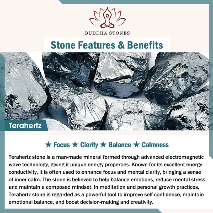Terahertz stone marketing card with raw mineral ore photos and benefits description