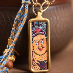 Tibetan deity thangka titanium steel necklace with blue-yellow woven rope and traditional beads close-up