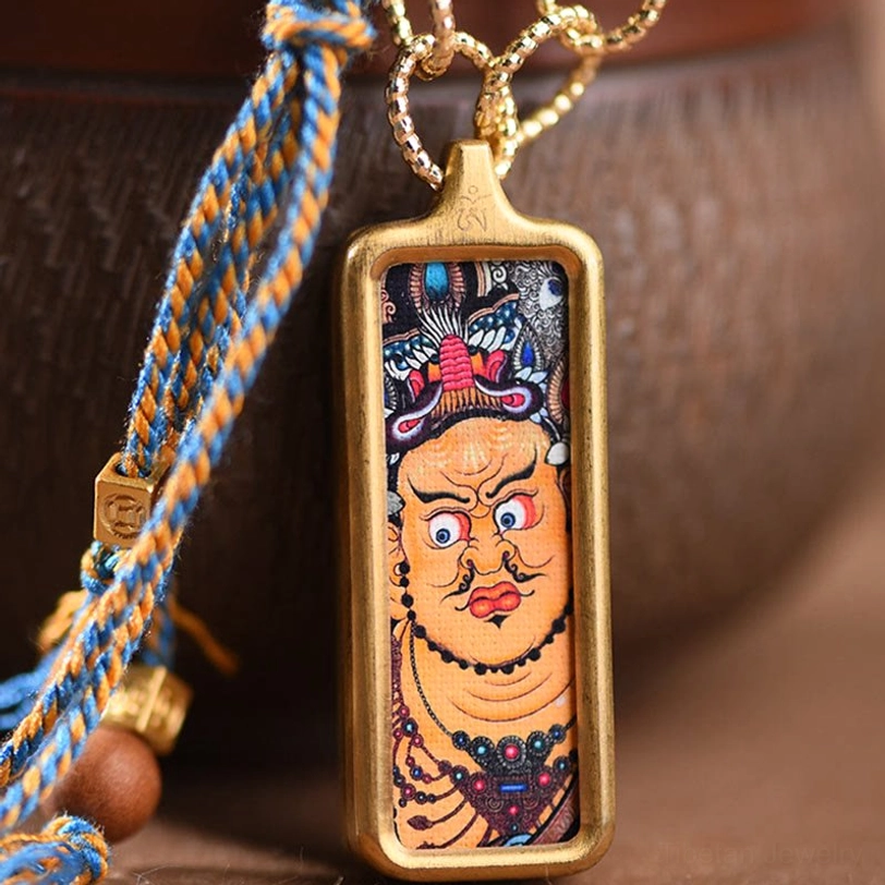 Tibetan deity thangka titanium steel necklace with blue-yellow woven rope and traditional beads close-up