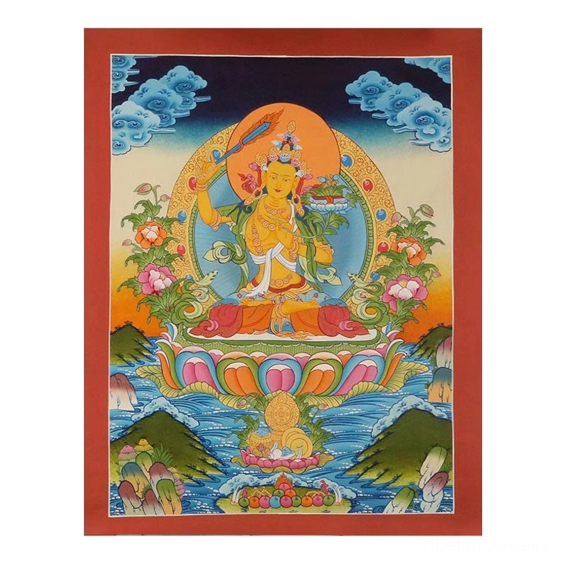 Thangka painting detail showing intricate brushwork and traditional Tibetan Buddhist artistic techniques
