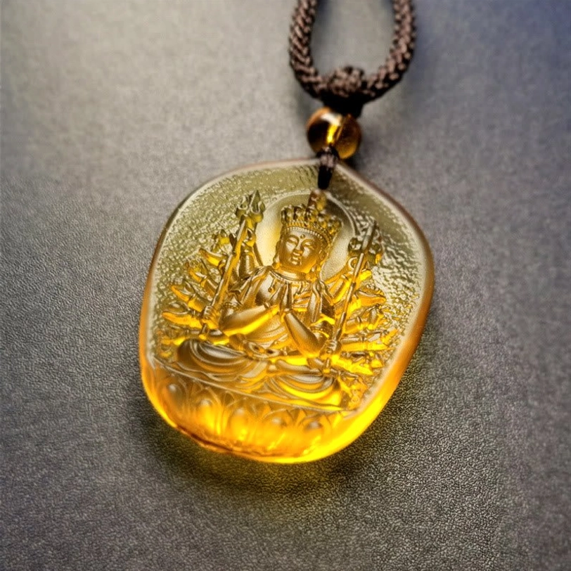 Rat Thousand-Armed Avalokitesvara Liuli pendant necklace with multi-armed bodhisattva carving and intricate spiritual details