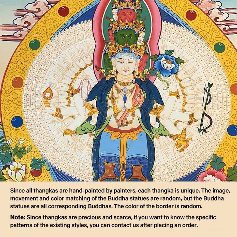 Thousand-armed Avalokitesvara thangka - white Bodhisattva with multiple arms and blue flower ornaments