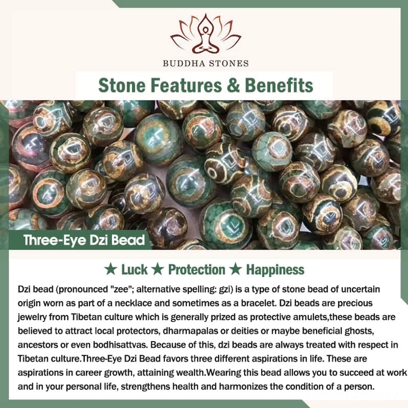 Three-eye dzi bead detail shot showing protective stone pattern and green-brown coloring, representing prosperity and spiritual protection