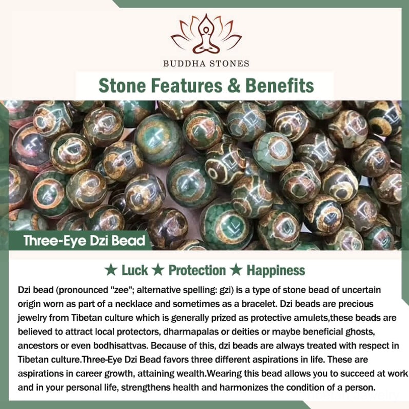 Three-eye Dzi bead protective amulet introduction poster displaying Tibetan spiritual power and luck-bringing benefits