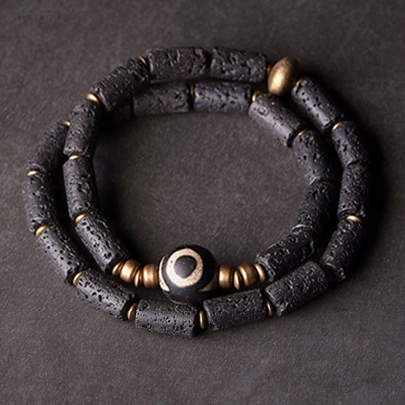 Full double wrap three-eye dzi lava rock bracelet product view - complete design with volcanic texture and dzi focal point